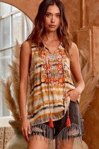 Top  Sleeveless Embroidery Mustard