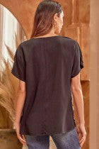 Top  Black Cap Sleeve Embroidery V Neck