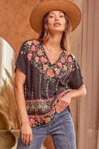 Top  Black Cap Sleeve Embroidery V Neck