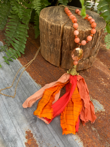 Necklace- Long necklace with Sari Ribbon- Orange