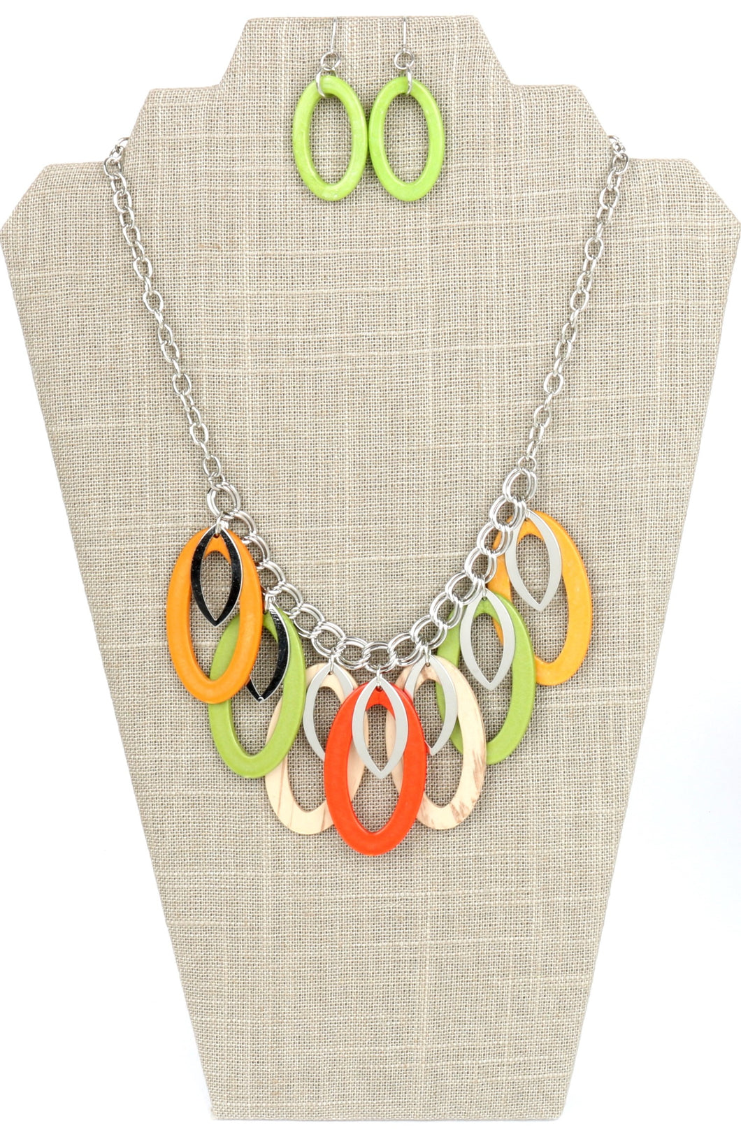 NECKLACE SET - SILVER WITH MULTI COLORED OVALS