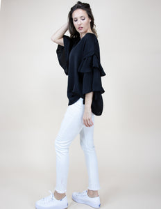 Shirt - Silky 3/4 Ruffled Sleeve Black