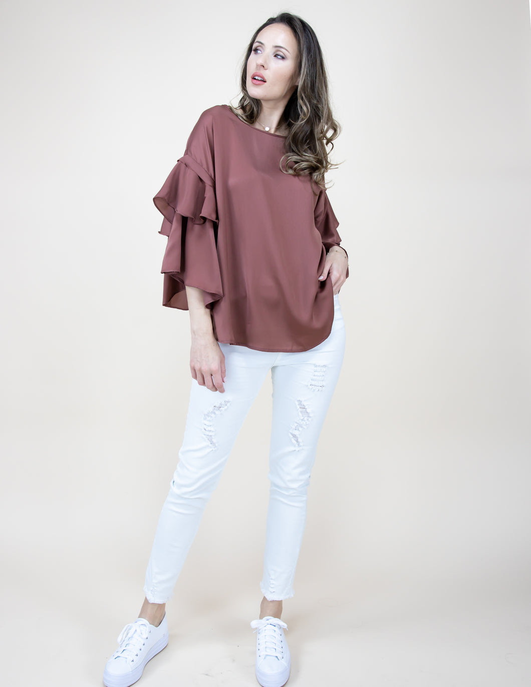 Shirt - Silky 3/4 Ruffled Sleeve Copper