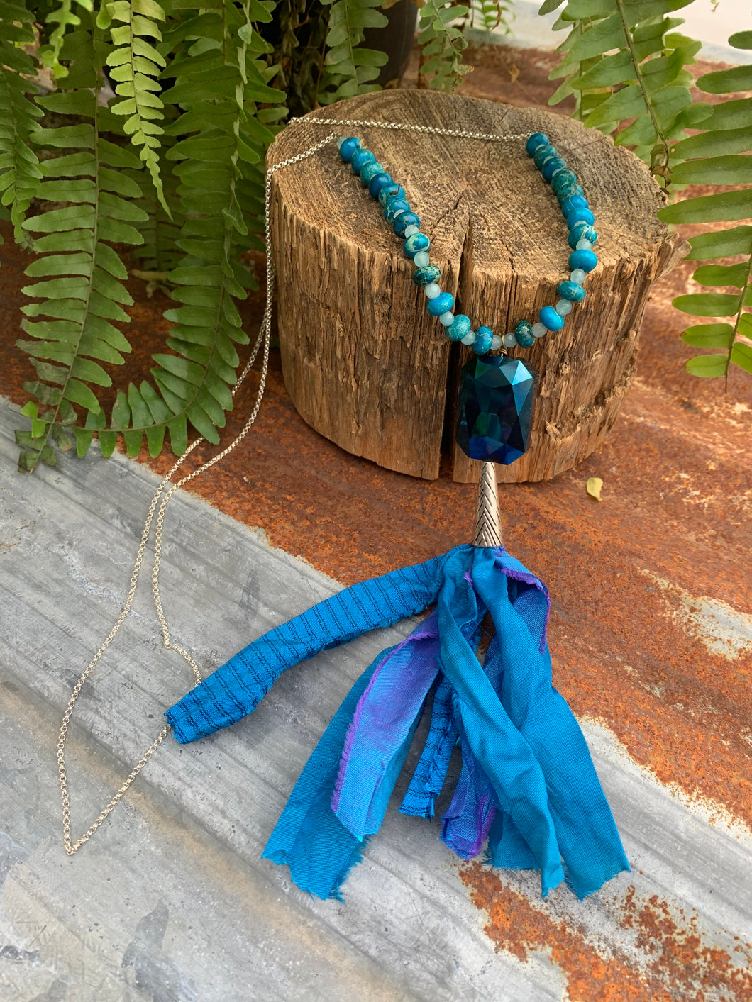 Necklace- Long necklace with Sari Ribbon- Blue