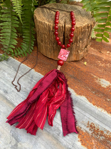 Necklace- Long necklace with Sari Ribbon- Wine