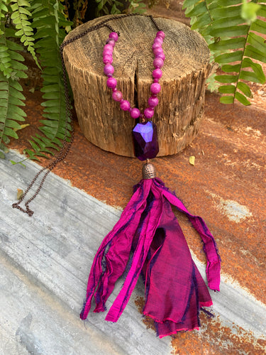 Necklace- Long necklace with Sari Ribbon- Purple