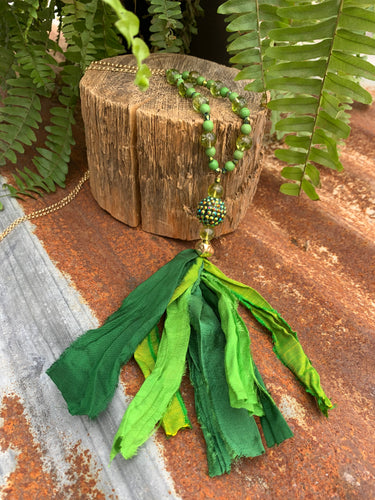 Necklace- Long necklace with Sari Ribbon- Green