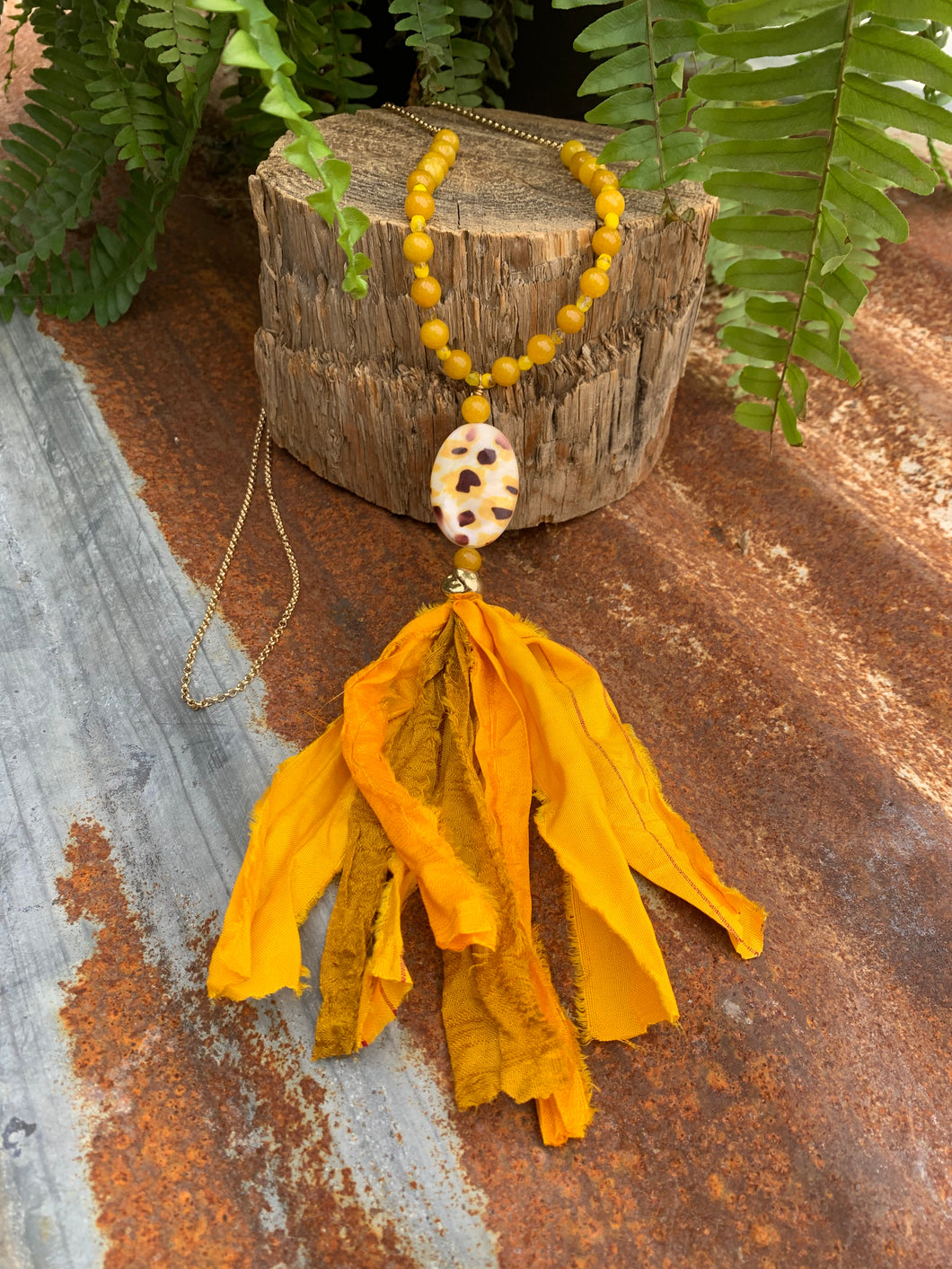 Necklace- Long necklace with Sari Ribbon- Yellow