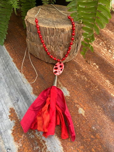 Necklace- Long necklace with Sari Ribbon- Red