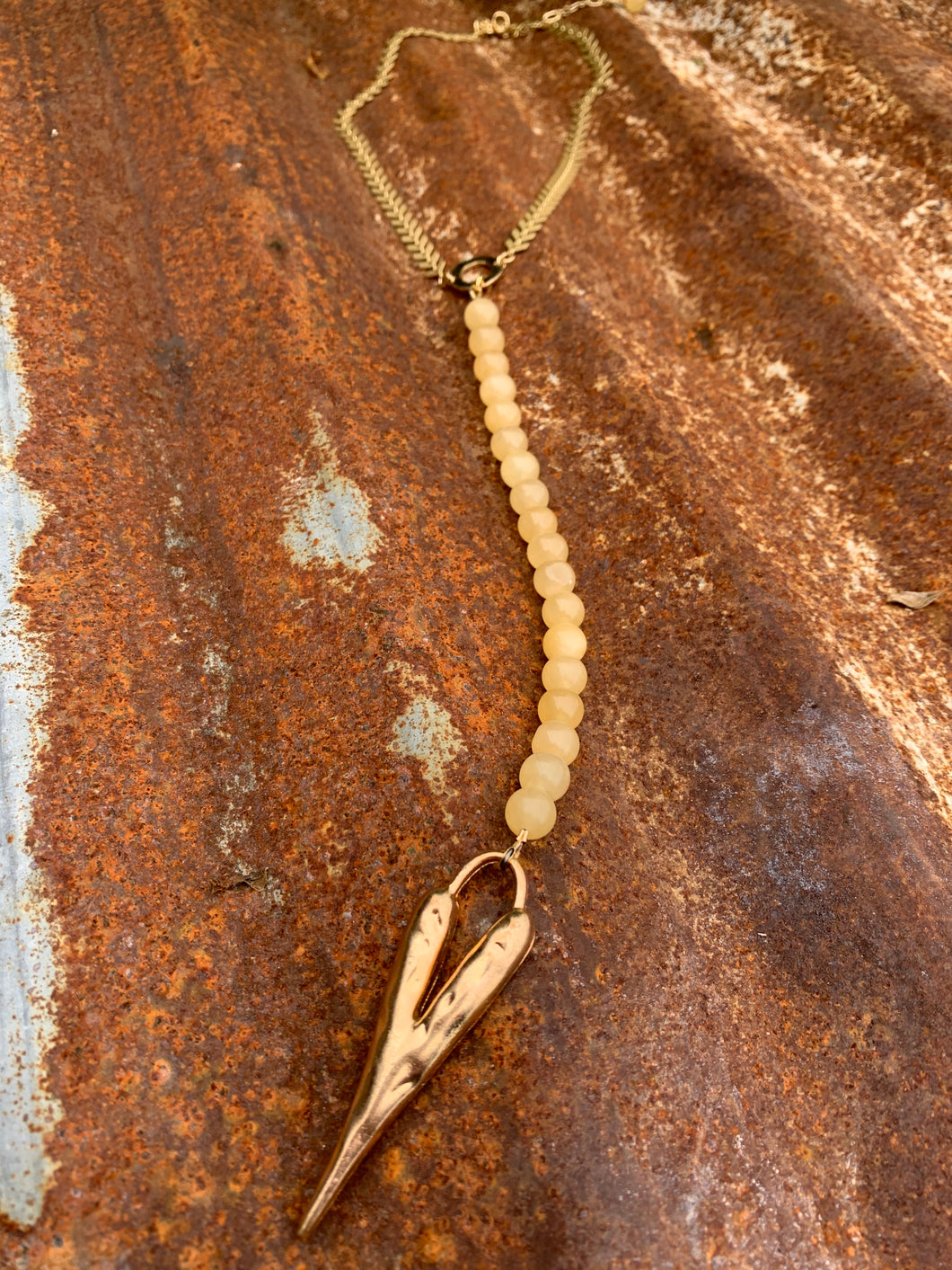 Necklace- Lariat Style Light Yellow Jade With Gold Heart