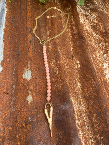 Necklace- Lariat Style Peach Jade With Gold Heart