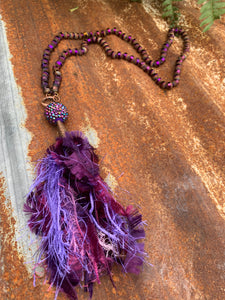 Necklace- Long Purple Iridescent Beaded Necklace With Multi Tassel