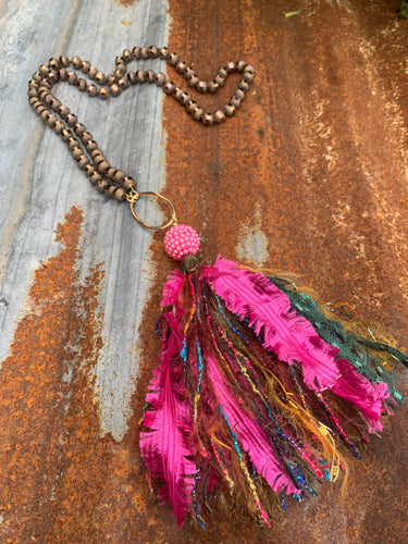 Necklace- Bronze Iridescent Beaded With Multi  Tassel