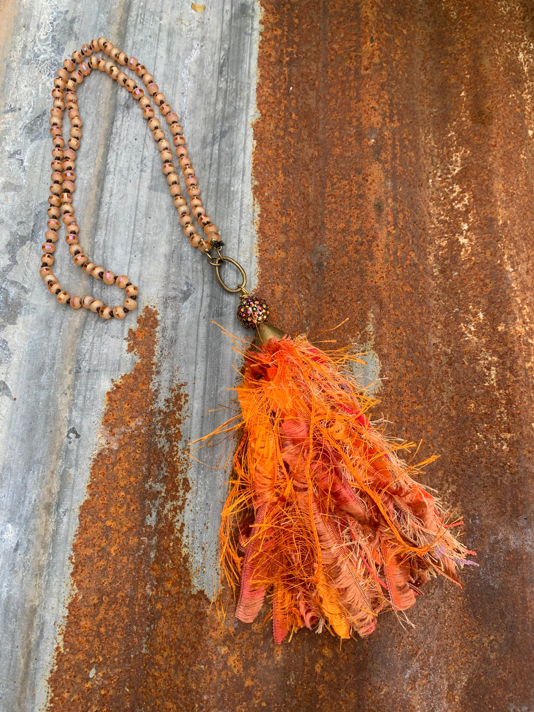 Necklace- Copper Iridescent Beaded With Orange Multi  Tassel