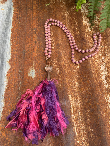 Necklace- Light Purple Iridescent Beaded With Purple  Multi  Tassel