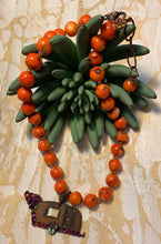 Load image into Gallery viewer, Necklace- Natural Orange Coral with Vintage Camper Pendant Swarovski Crystals