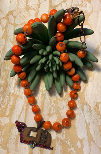 Necklace- Natural Orange Coral with Vintage Camper Pendant Swarovski Crystals