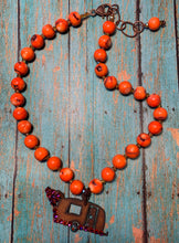 Load image into Gallery viewer, Necklace- Natural Orange Coral with Vintage Camper Pendant Swarovski Crystals