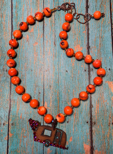 Necklace- Natural Orange Coral with Vintage Camper Pendant Swarovski Crystals