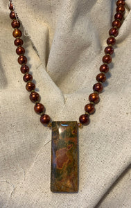 Necklace- Brown Pearls with Red Creek Jasper Pendant