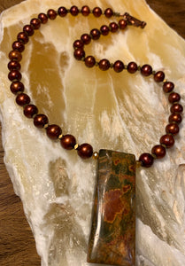 Necklace- Brown Pearls with Red Creek Jasper Pendant