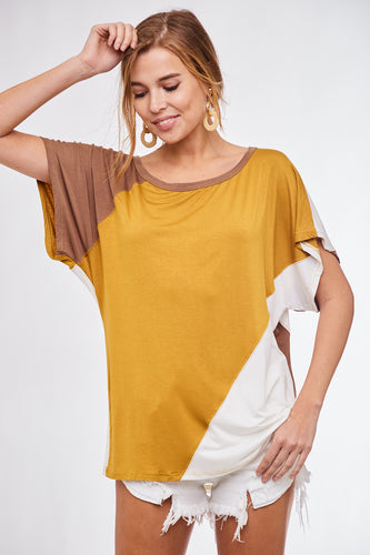 Shirt - Diagonal Contrast Cream , Mustard, Brown