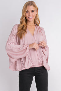 Shirt- Satin Wrap Top Balloon Sleeves - Dusty Pink