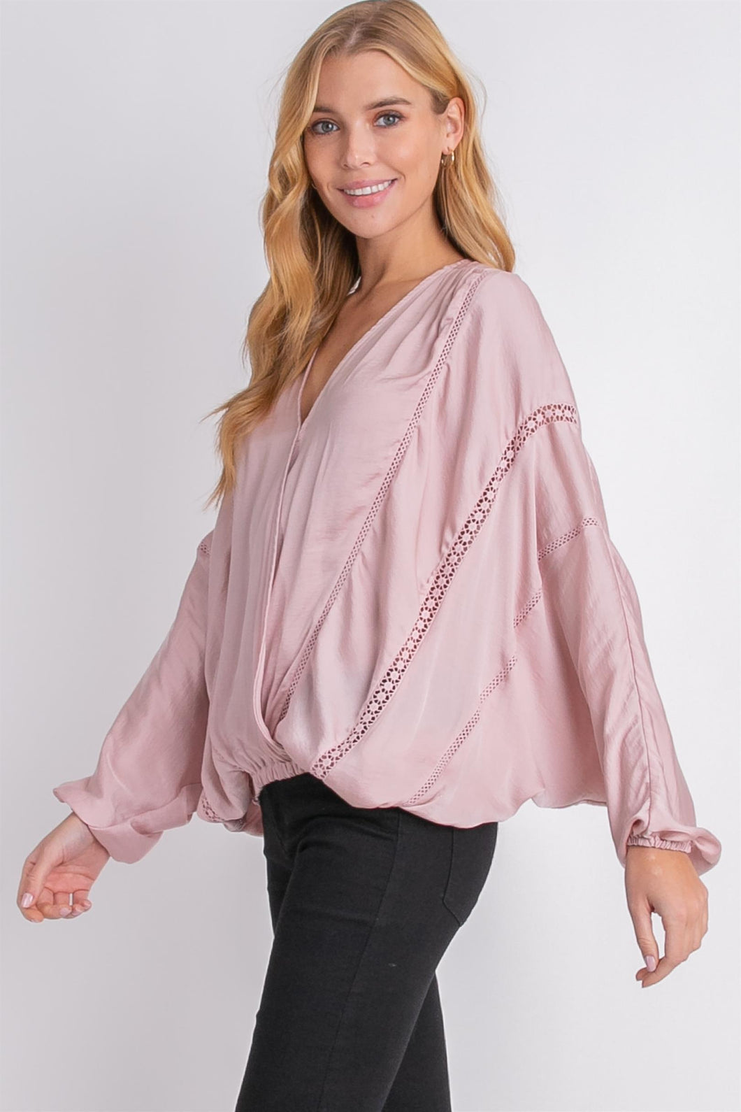 Shirt- Satin Wrap Top Balloon Sleeves - Dusty Pink