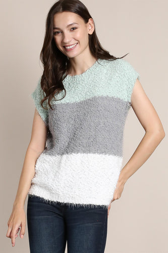 Top- Sleeveless Popcorn Knit Sweater Color Blocked Mint