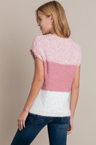 Top- Sleeveless Popcorn Knit Sweater Color Blocked Pink