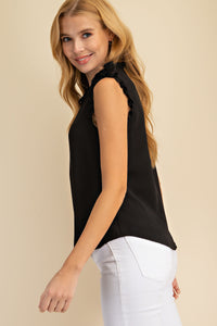 Shirt- Sleeveless - Frilly V Neck With Front Tie - Black