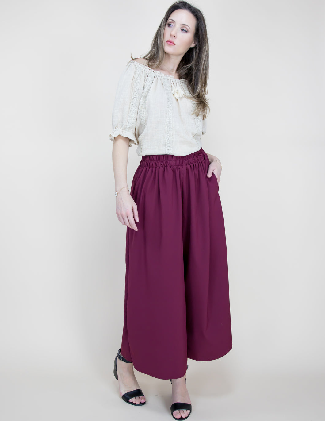 Pants - Cropped Wide Leg Maroon