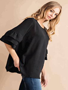 Shirt - Scoop Neck Ruffled Sleeve Black