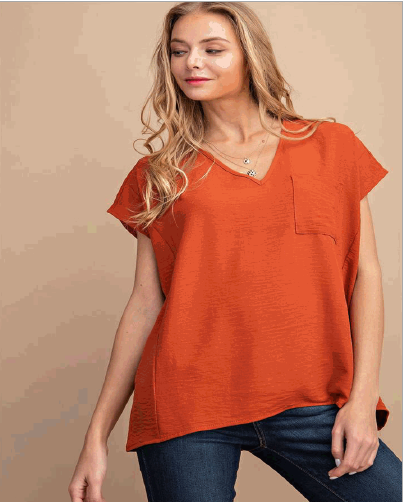 Shirt - Short Sleeve V Neck Dolman Sleeve  Rust