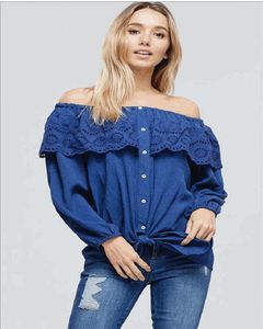 Shirt - Off Shoulder Ruffle Front Tie Navy