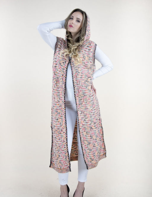 Vest- Long Sleeveless Vest With Hood, Multi Color With Sparkles Beige