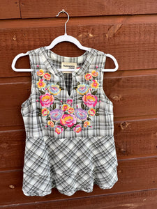 Top  Sleeveless Embroidery Gray Plaid