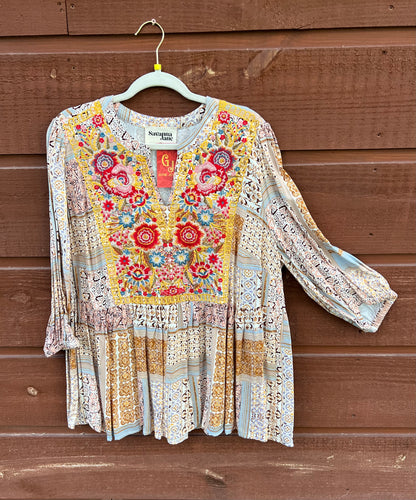 Top  3/4 Sleeve Multi  With Embroidery