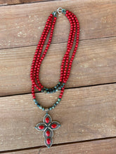 Load image into Gallery viewer, Necklace Set Coral and African Turquoise with Cross