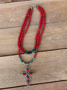 Necklace Set Coral and African Turquoise with Cross