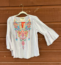 Load image into Gallery viewer, Top  3/4 Bell Sleeve Stripe With Embroidery