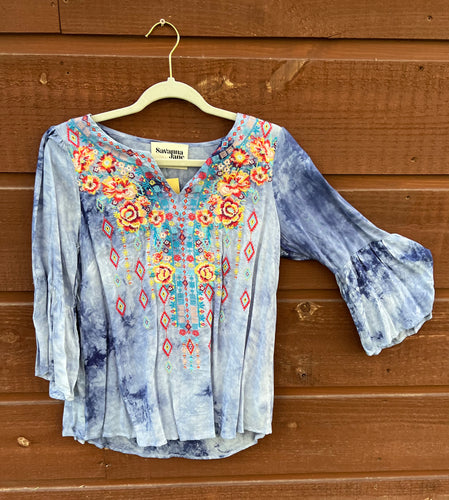 Top  3/4 Bell Sleeve Blue Tie Dye With Embroidery