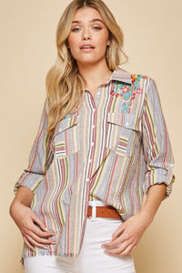 Top- Long Sleeve Roll Tab Shirt With stripes And Embroidery