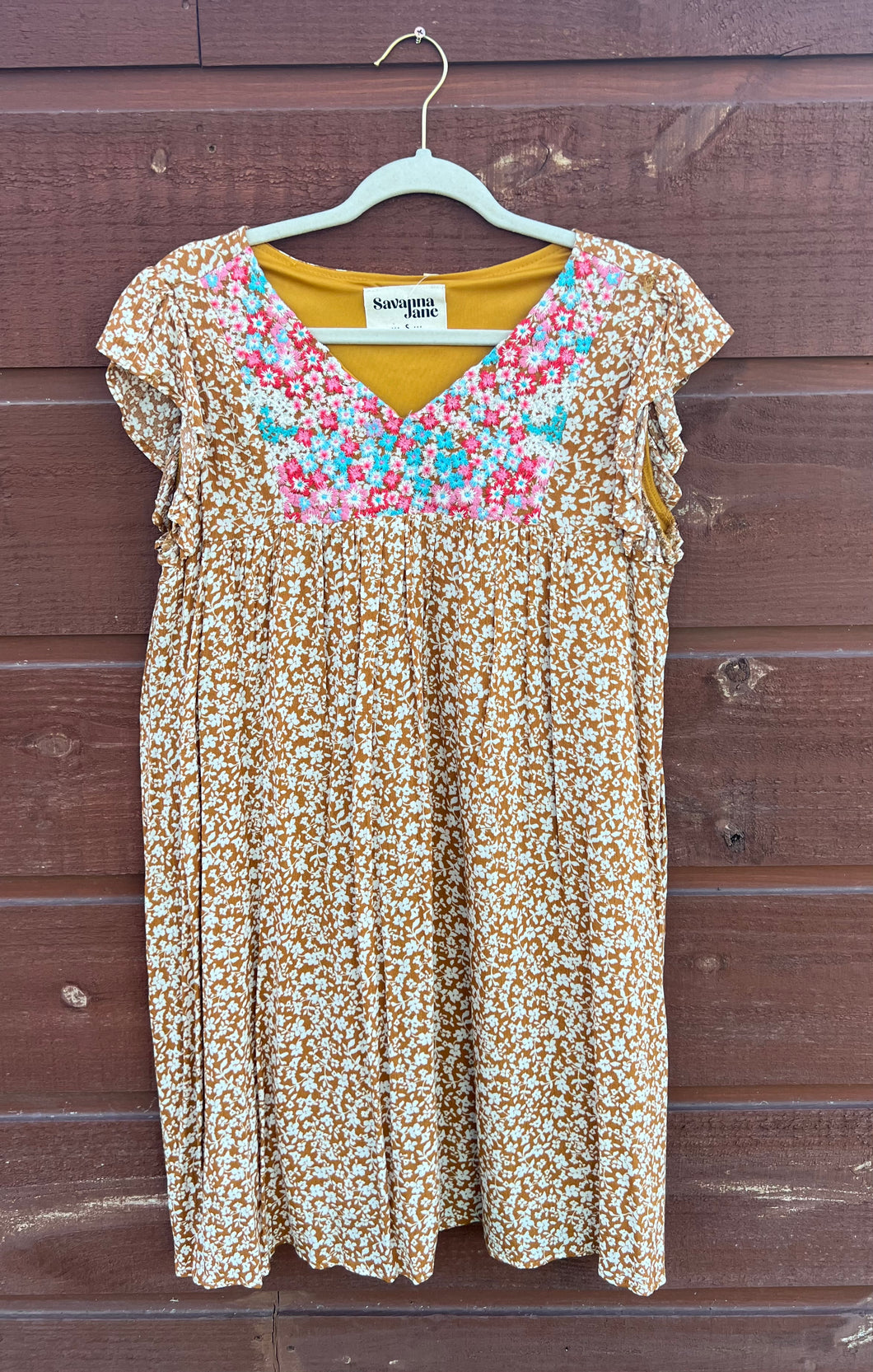 Dress Mustard Floral Print w/ Embroidery