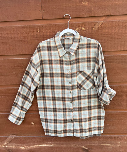 Shacket Lg Sleeve, Button Brown & Grey  Plaid