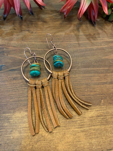 Earrings Turquoise, Copper and Leather With Fringe Tassel