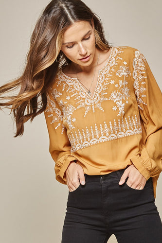 Long Sleeve Embordered Top  Marigold