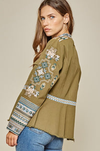 Jacket- Olive Round Neck With Embroidery