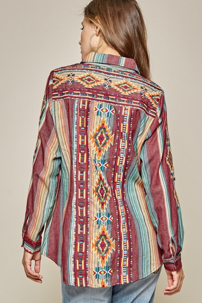 Shirt Long Sleeve Multi Colored Stripes with Aztec Embroidery