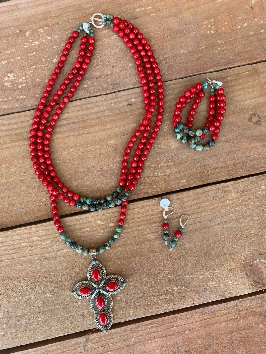 Necklace Set Coral and African Turquoise with Cross